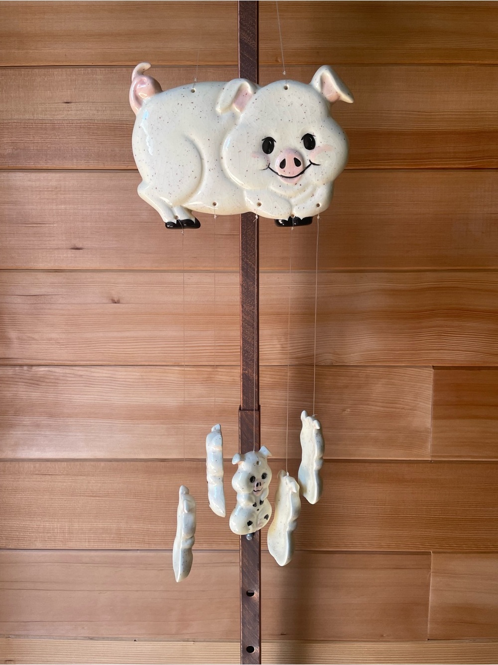 Vintage White Ceramic Pig Wind Chime with Pink Accents